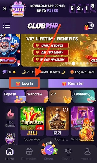 ✨ Step 2: Players select the login option on the betting page interface.